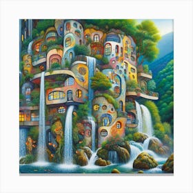 Inspired by the architectural fantasies of Friedensreich Hundertwasser: A gravity-defying building cascading down a waterfall, 1 Canvas Print