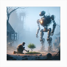 Man Kneeling In Front Of A Robot Canvas Print