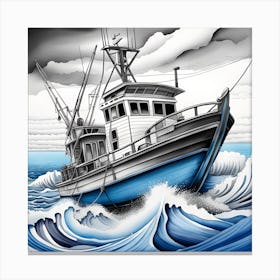 Fishing Boat In Rough Seas Japanese Monochromatic Canvas Print