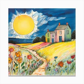 Crayon Drawn Landscape Featuring A Sun Smiling In The Corner Oversized Flowers With Irregular Petal 417913799 (2) Canvas Print