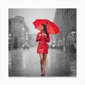 Beautiful Woman In Red Coat In The Rain Canvas Print