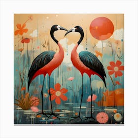 Romantic Flamingos: Modern Wildlife Art with Vibrant Flowers and Sunset Canvas Print