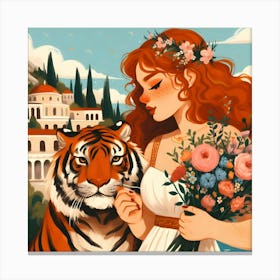 Greek Girl With Tiger and Flower Bouquet Canvas Print