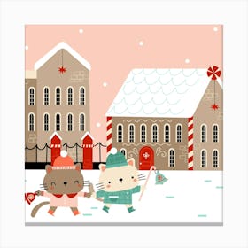 Cute cats walking down the street on Christmas Eve. Merry Christmas. Canvas Print