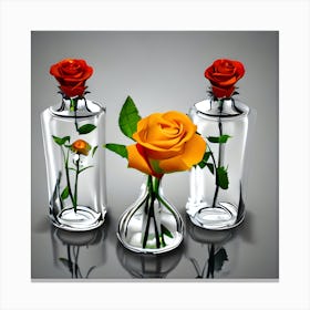 Three Roses In Glass Vases Canvas Print