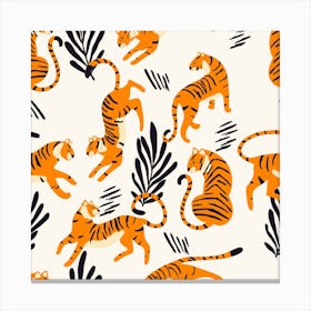 White Tiger Pattern With Floral Decoration On White Square Canvas Print