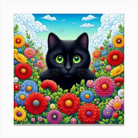 Black Cat In The Flowers Canvas Print