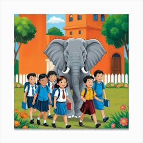 Elephant Protects Children Canvas Print