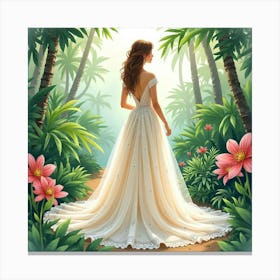 Enchanting Gown Watercolor, In A Lush Tropical Garden 1 Canvas Print