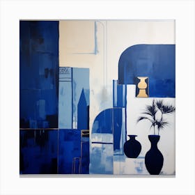 Abstract Minimalist Contemporary Art Print - Blue & White With Pots Canvas Print