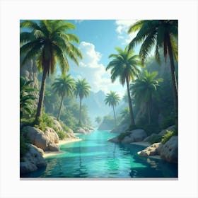 An Enchanted Oasis With Palm Trees And Clear Blue Water 1 Canvas Print