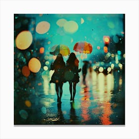 Two Girls Holding Umbrellas In The Rain Canvas Print