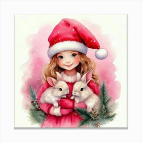 Firefly Christmas, Bunnies, Santa, Hat, Pastel, Watercolor, Pink, Dresses, Cute, Festive, Holiday, W (1) Canvas Print