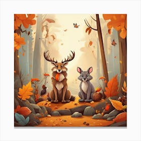 Autumn Forest With Deer And Rabbit Canvas Print