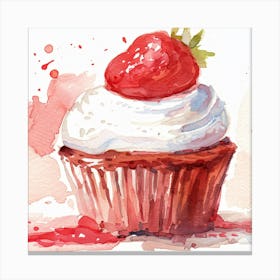 Strawberry Cupcake Watercolor Painting Canvas Print