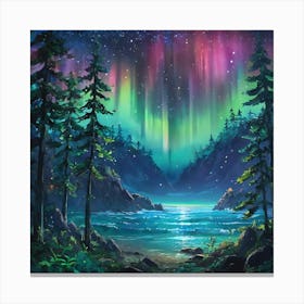 Enchanting Northern Lights Over a Serene Forest Cove at Twilight Canvas Print