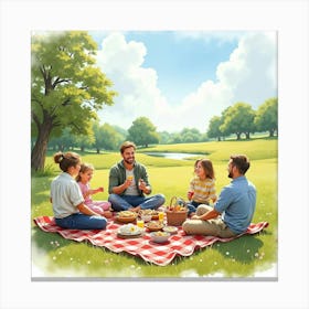 A Traditional English Countryside Picnic With Families Enjoying Food And Games, Watercolor 1 Canvas Print