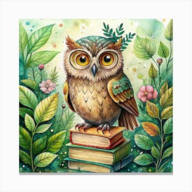 Watercolor Owl Sitting On A Stack Of Books Canvas Print