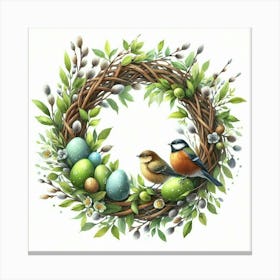 Easter Blooming Wreath With Willow, Two Birds And Eggs, Watercolor Painting Style Canvas Print