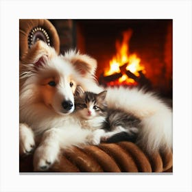 Dog And Kitten In Front Of Fireplace Canvas Print