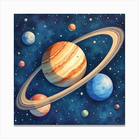 Celestial Watercolor Artwork With Orbiting Planets 1 Canvas Print