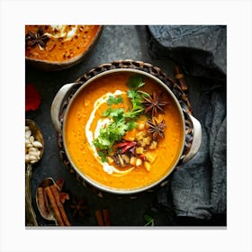 Autumn Pumpkin Curry Soup Simmering In A Traditional Clay Pot Steam Rising Surrounded By An Assort (3) Canvas Print