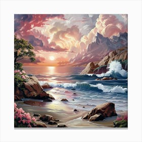 Blooming Shore Under A Sunset Sky Canvas Print