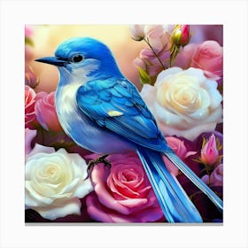 Blue Bird With Roses Canvas Print