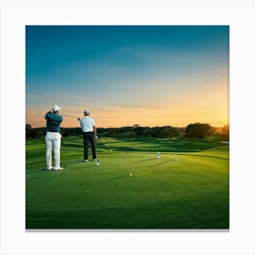 Golf Course At Sunset Golfer In Mid Swing With A Pristine White Driver Caddie Standing By With Clu (2) Stampe su tela