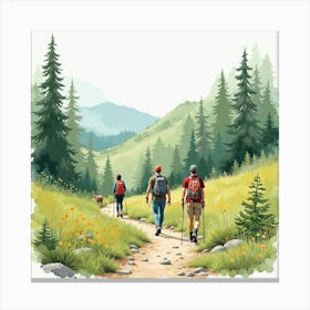 Watercolor Illustration Of An English Nature Walk With Hikers And Wildlife 1 Canvas Print