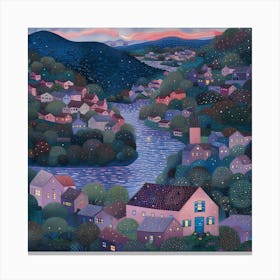 Riverside At Night, Tiny Dots, Pointillism Canvas Print