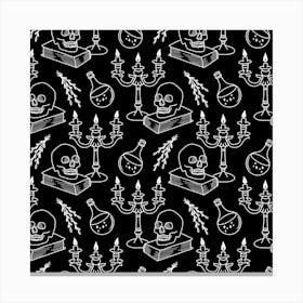 Seamless Pattern With Skulls And Candles on Black Canvas Print