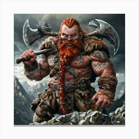 Stocky Dwarven Barbarian On Cliff With War Axe Canvas Print