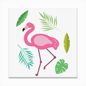 Pink Flamingo With Tropical Leaves Canvas Print