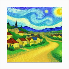 Echoes of the Countryside: A Village Scene Starry Night Canvas Print