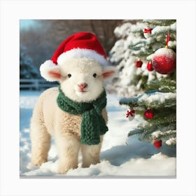 Cute Lamb With A Scarf And A Santa Hat Canvas Print