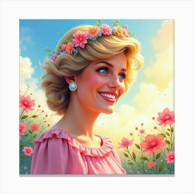 Princess Diana Smiling With Floral Watercolor Hues And Vibrant Colorful Skies Canvas Print