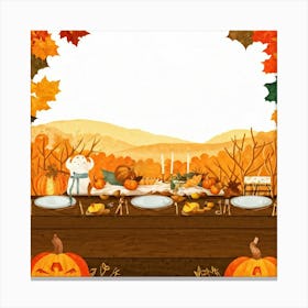 An Illustration Of A Thanksgiving Inspired Table Set Against An Autumn Nature Backdrop Showcasing A (4) Canvas Print