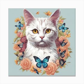 White Cat With Butterflies Canvas Print