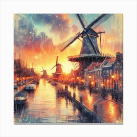 Sketching Amsterdam S Windmills At Sunset, Capturing The Essence Of Dutch Life Style Windmill Sunset Impressionism (2) Canvas Print