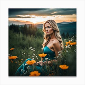 Beautiful Woman In A Field Of Flowers 1 Canvas Print