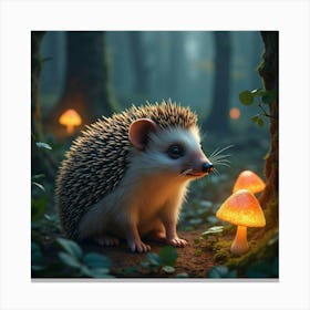 A Hedgehog With Glowing Quills, Exploring A Magical Forest Filled With Shimmering Mushrooms Canvas Print