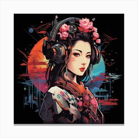 Asian Girl With Headphones Canvas Print