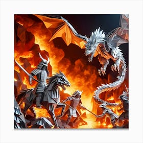 Depict Imaginative Scene Of Origami Samurai Warriors And Dragons Sculpted From Silvery Metal Sheets In Fiery Volcanic Settings Highlighted By Dynamic Folds And Lighting 2 Canvas Print