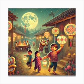 Vietnamese Children Play Under The Moonlight Canvas Print