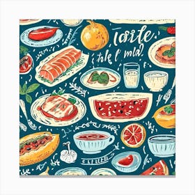 Italian Food, Food And Drink Seamless Pattern, Foodie Traveler A Delicious Pattern Featuring Iconic Dishes From Different Countries Canvas Print