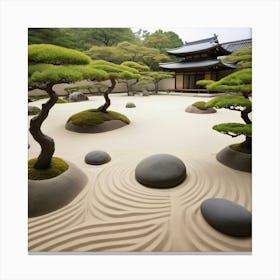 A tranquil scene of a Japanese zen garden with perfectly raked sand, smooth stones, and meticulously pruned bonsai trees. The artwork should evoke calmness and peace, with a minimalist and harmonious composition 3 Canvas Print