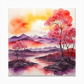 A Sunset By The Blossom Trees In The Mountains Canvas Print