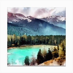 Watercolor Of A Mountain Lake, Banff National Park 2 Canvas Print