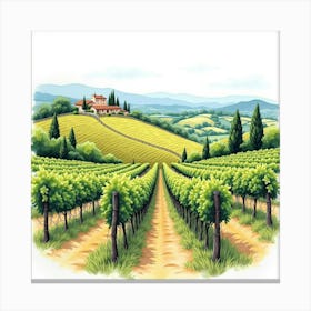 Picturesque Watercolor Of A Tuscan Vineyard With Rolling Hills And Distant Mountains 1 Canvas Print